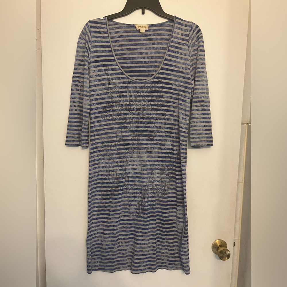 Diesel blue and grey striped scoop neck shirt dress with design small